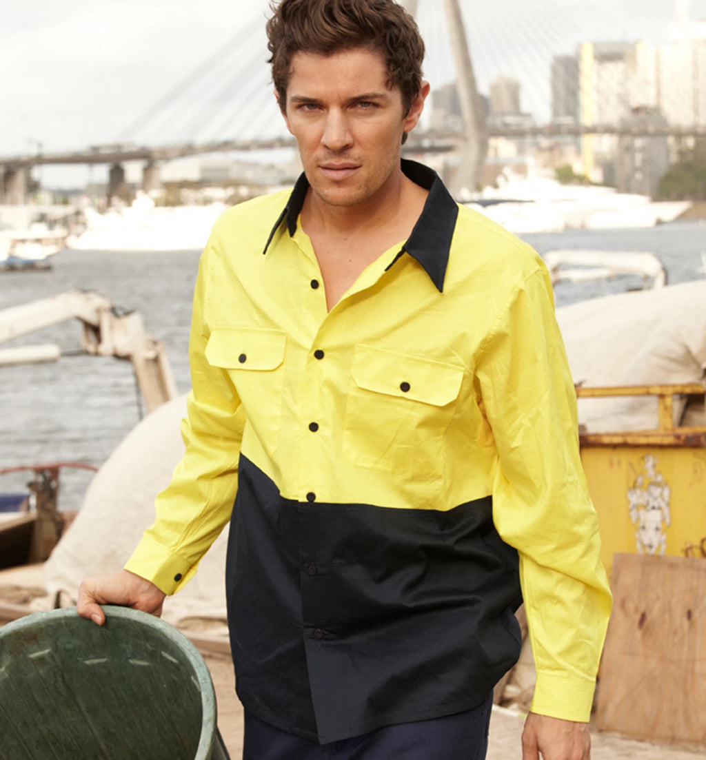 Hi-Vis High Visibility Long Sleeve 100% Cotton Twill Safety Shirt Work Wear Gear