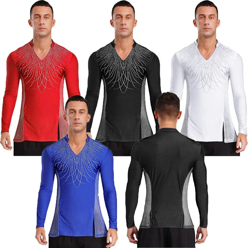 Men Latin Modern Ballroom Dance Tops Rhinestones Figure Skating Shirts AU