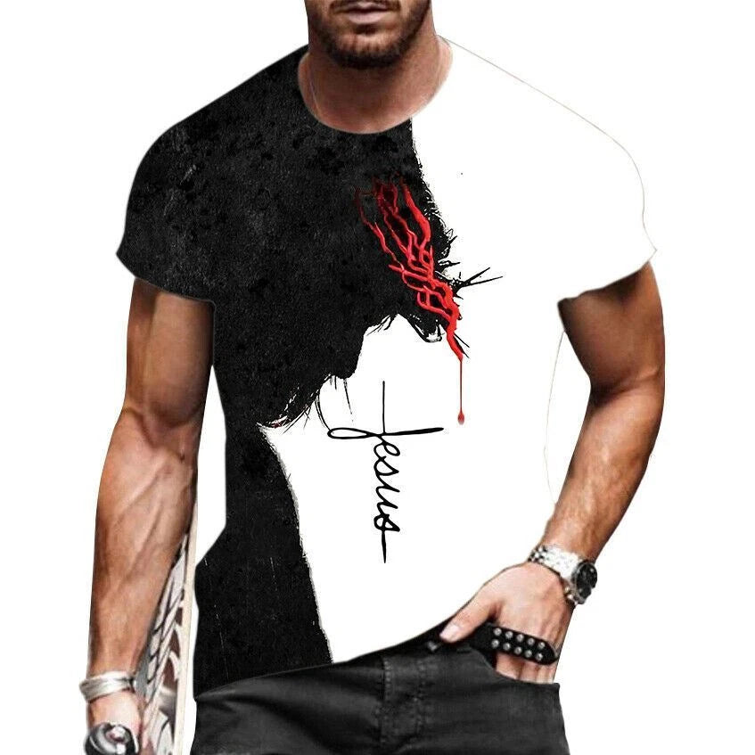 T-Shirt Men Short Sleeve Jesus Cross Christian Black White Print T Shirt Tee Top