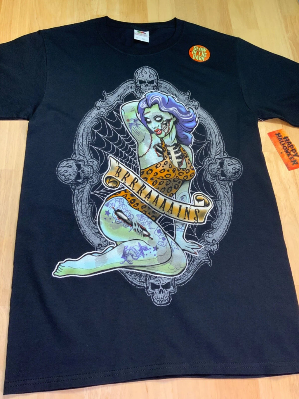 New Men’s T-Shirt has Zombie Woman says BRRRAAAAINS—IT GLOWS in DARK*