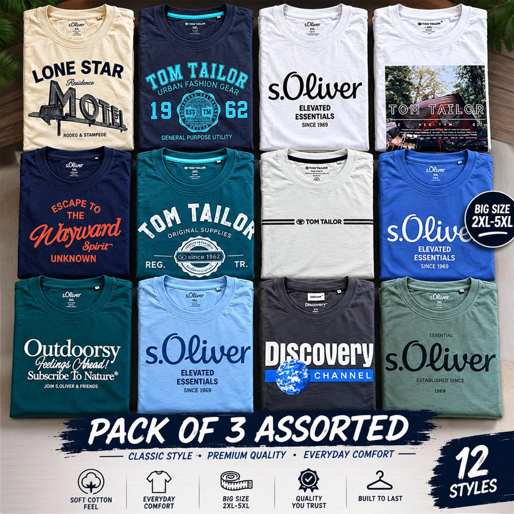 Mens Printed T-Shirts Pack of 3 Assorted Mixed Brand 100% Cotton Big Tee 2XL-5XL