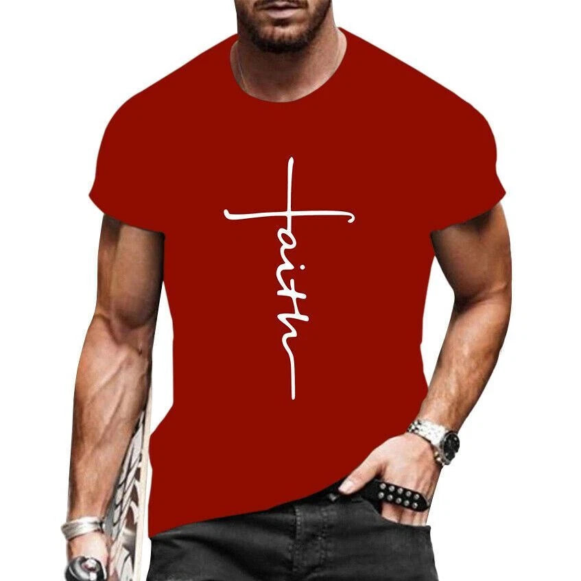 T-Shirt Men Red Faith Cross Graphic Short Sleeve Crew Neck Vintage Tee Shirt USA