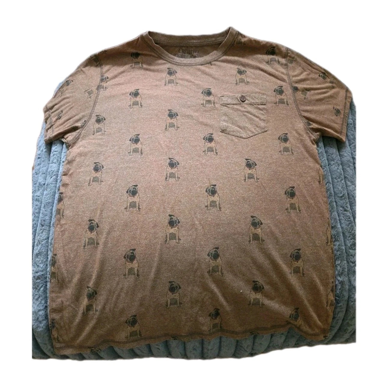 Creative Destruction Chocolate Brown Pug T Shirt w/Button Front Pocket-Sz L-PUGS