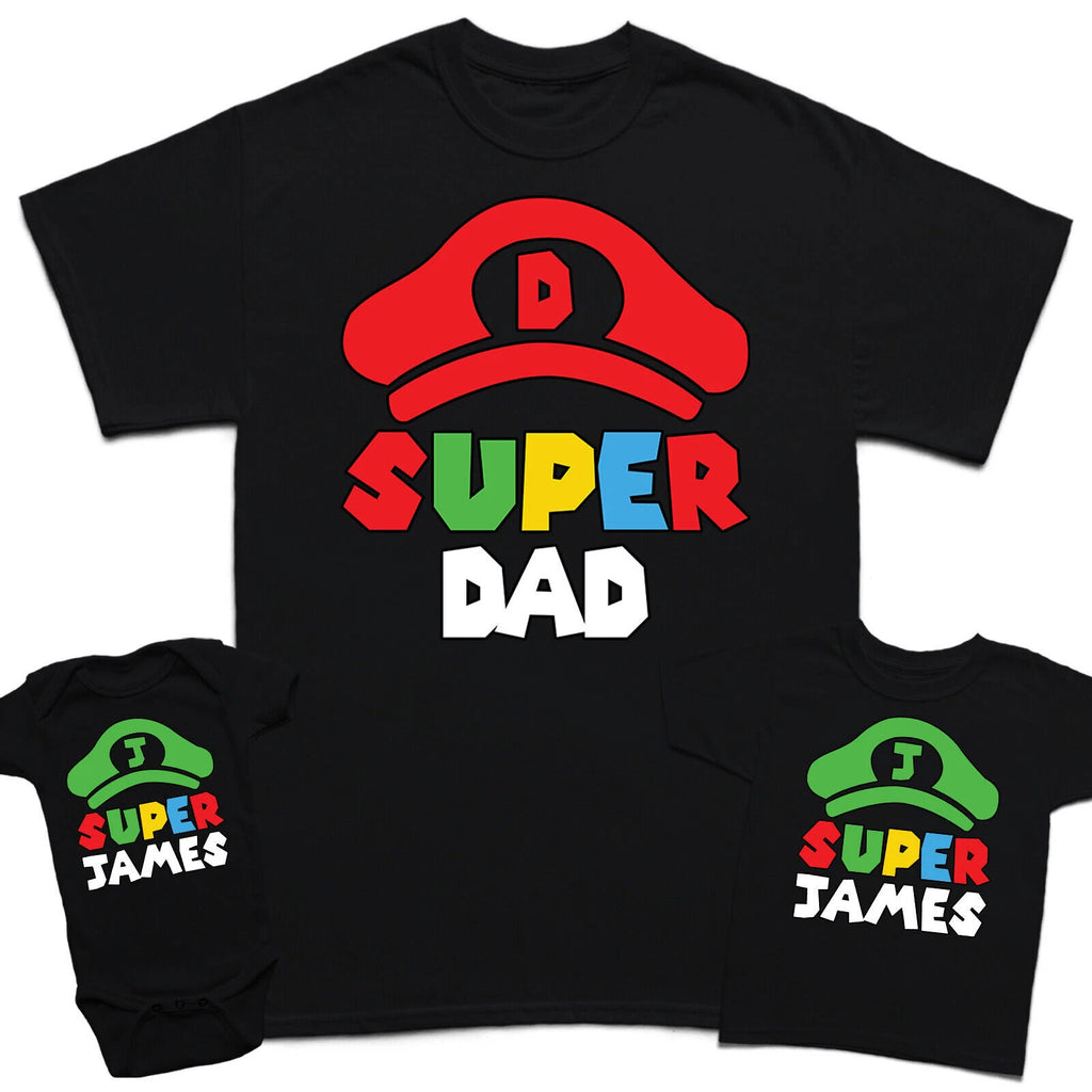 Personalised Super Dad Fathers Day Son Kids Baby Matching T-Shirts Top #FD