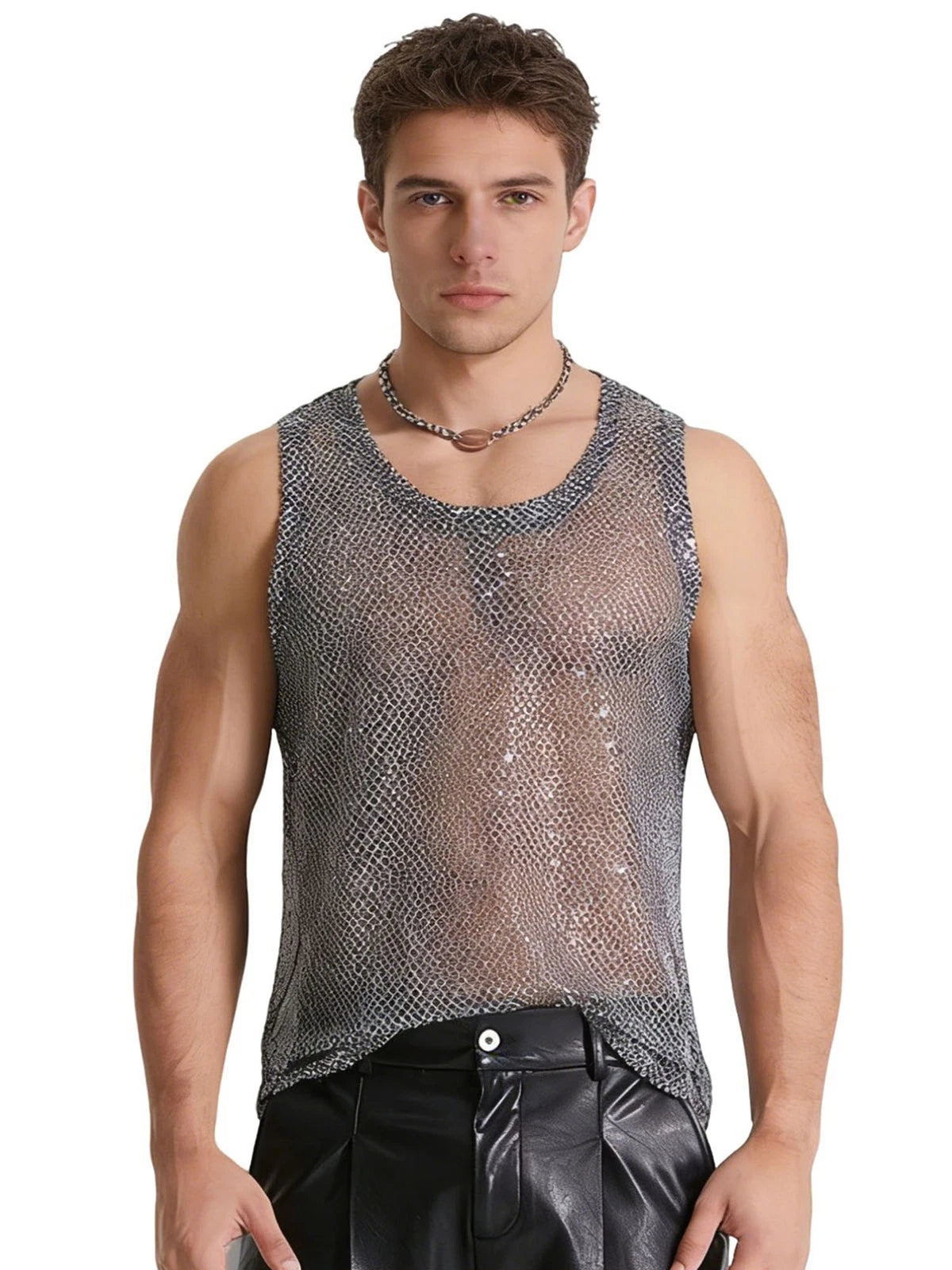 Men Top Silver Vest See-Through Tank Nightclub Sleeveless Edgy Clubwear Trendy