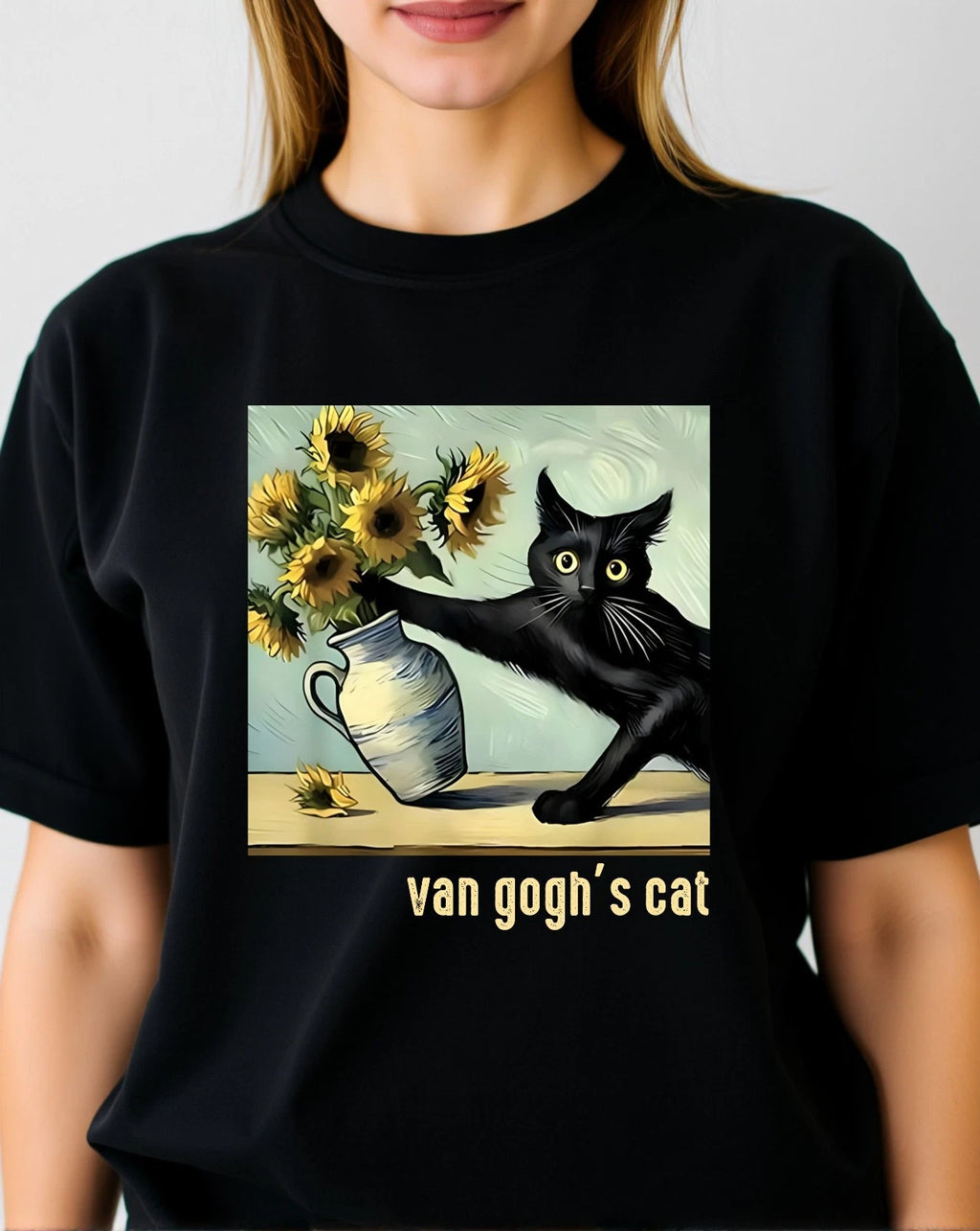 Funny Artwork T-shirt Black Cat Sunflower Van Goghs Painting Gift Top Unisex Tee
