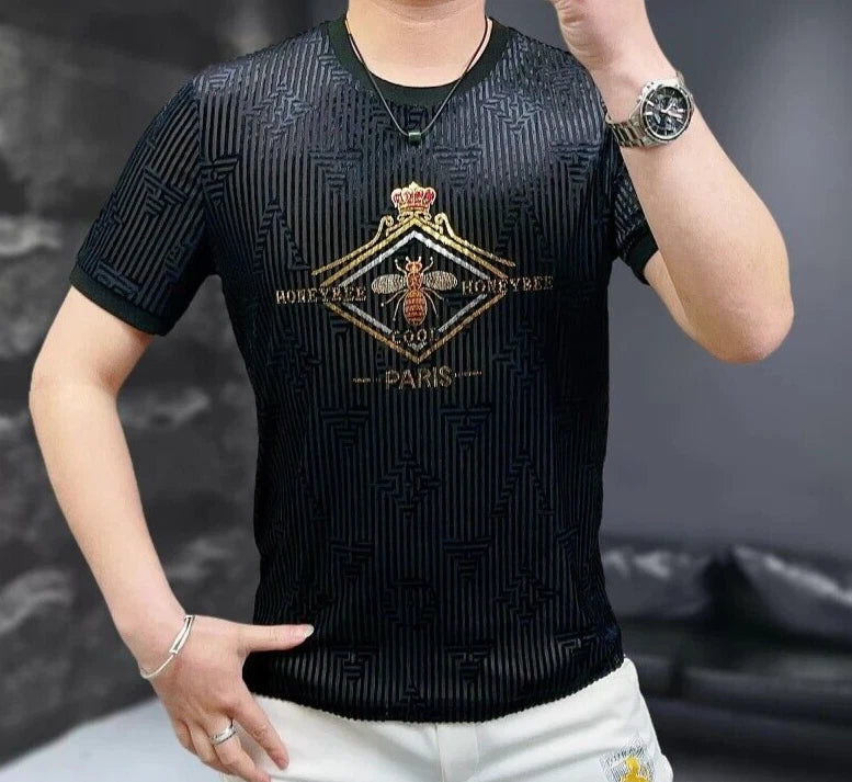 New Men Luxury Diamond Bee Crown Rhinestones Fashion Black T-Shirt High Quality