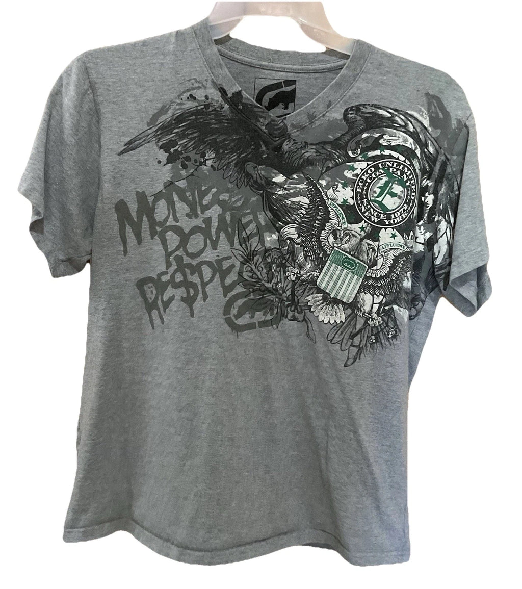 Ecko Unltd MMA Style Gray Large L V Neck Shirt "Money Power Respect” Tshirt