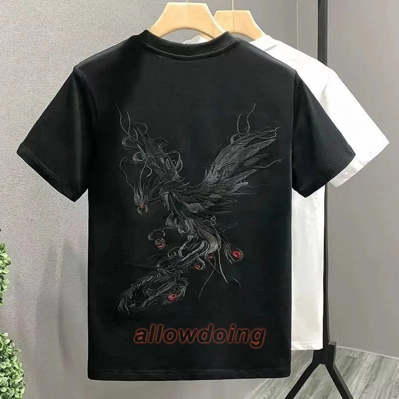 Men's Phoenix Embroidery Short Sleeve T-Shirt Summer Breathable Casual Tee