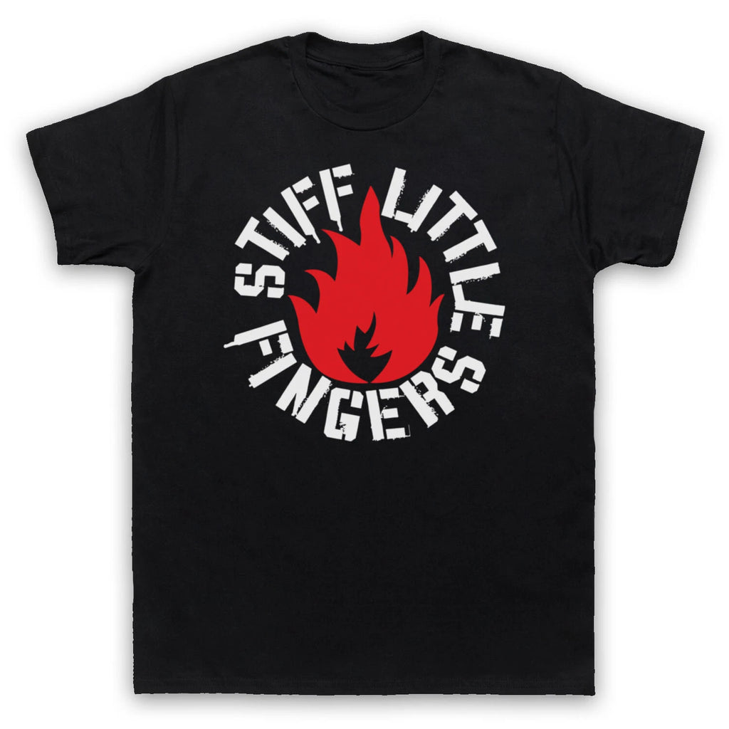 INFLAMMABLE UNOFFICIAL STIFF LITTLE FINGERS FLAME LOGO MENS & WOMENS T-SHIRT