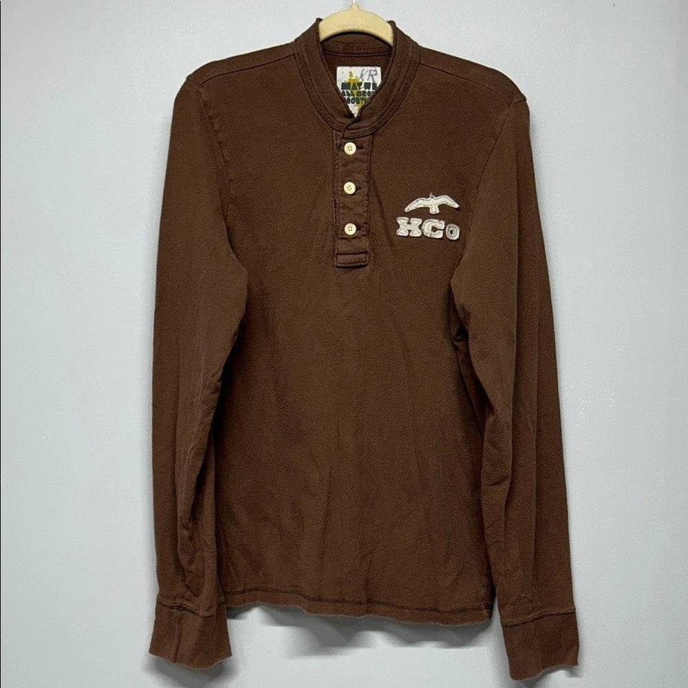 Vintage Y2K Hollister California Long Sleeve Henley Shirt Brown Men's Large