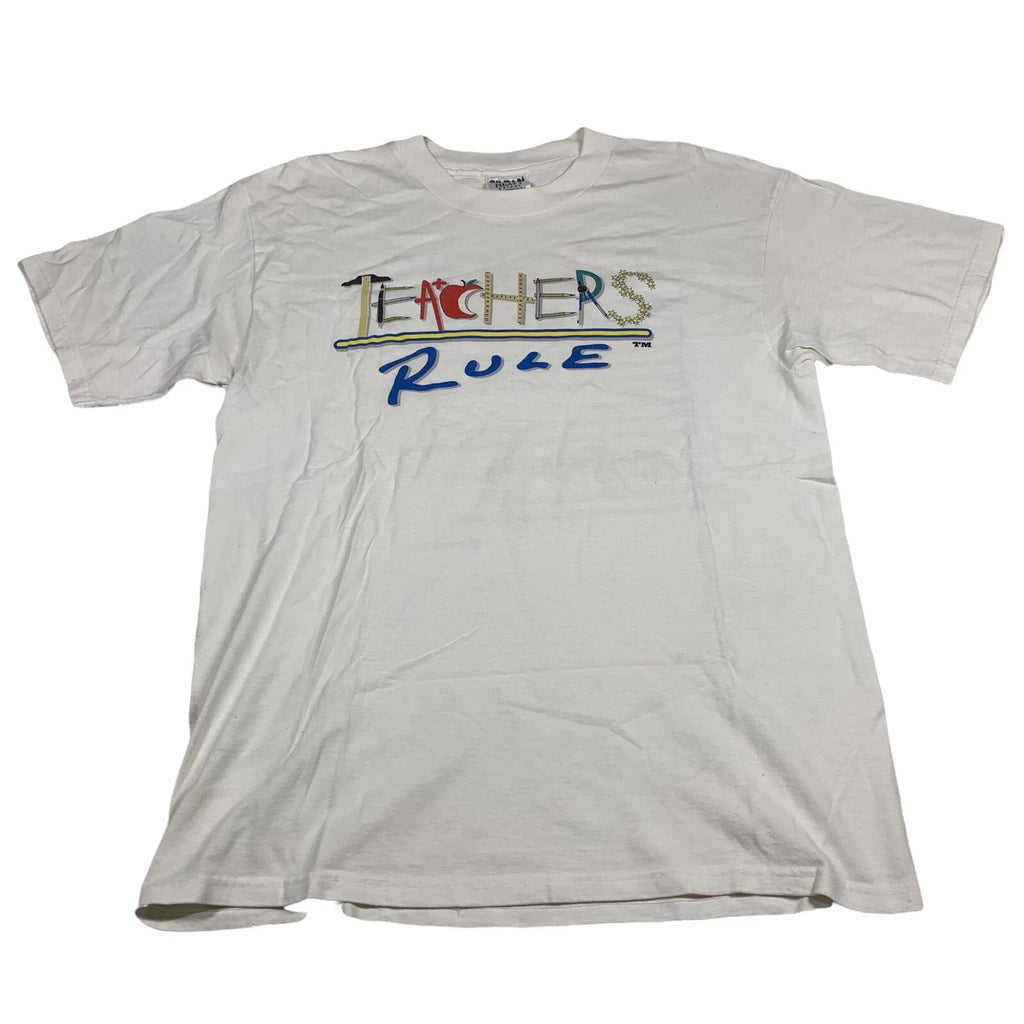 Vintage 90’s Teachers Rule Shirt White Sz L Funny Joke Novelty Dad Tee