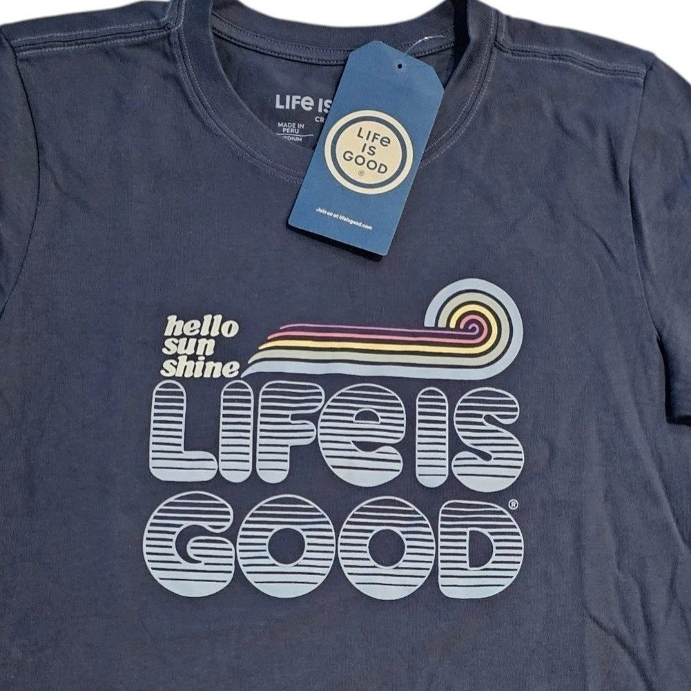 Life Is Good Womens Crusher Tee Blue Hello Sunshine Rainbow Large