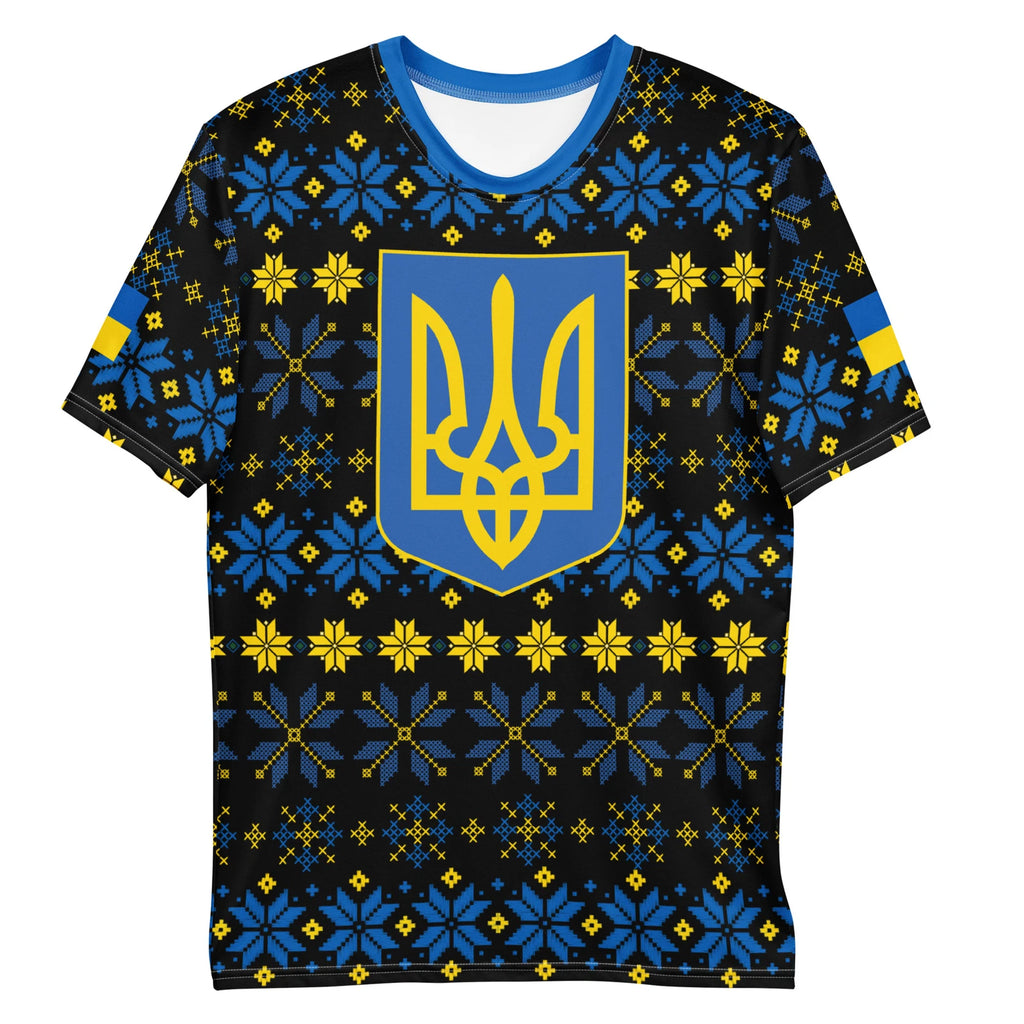 Ukraine Folk Art Pattern Men’s AOP T-Shirt, Trident & Flag Design