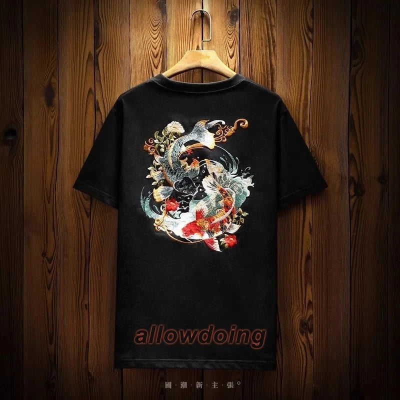 Men Koi Carp Embroidery T-Shirt Cotton Japanese Style Short Sleeve Vintage Tee