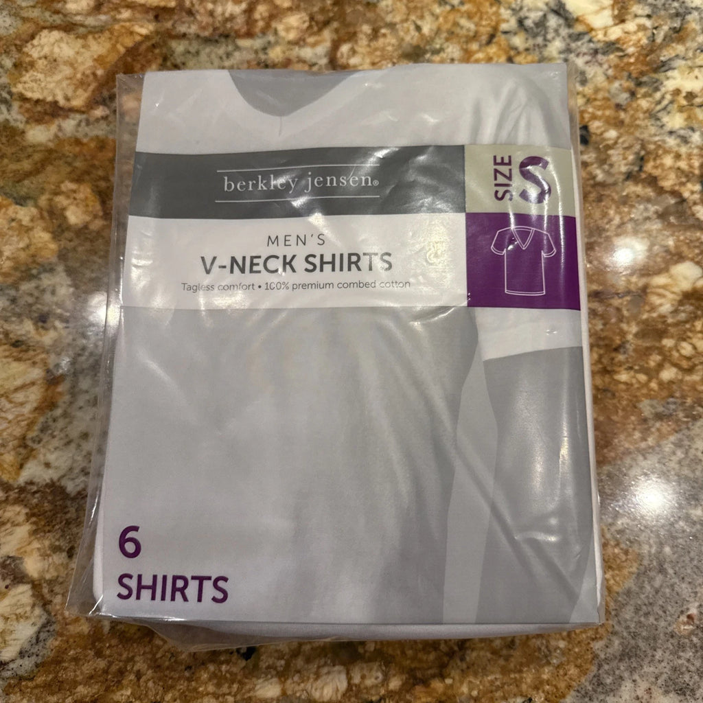 Pkg Of SIX -Berkley Jensen Mens Tagless V Neck Cotton T-Shirts White Size S NEW