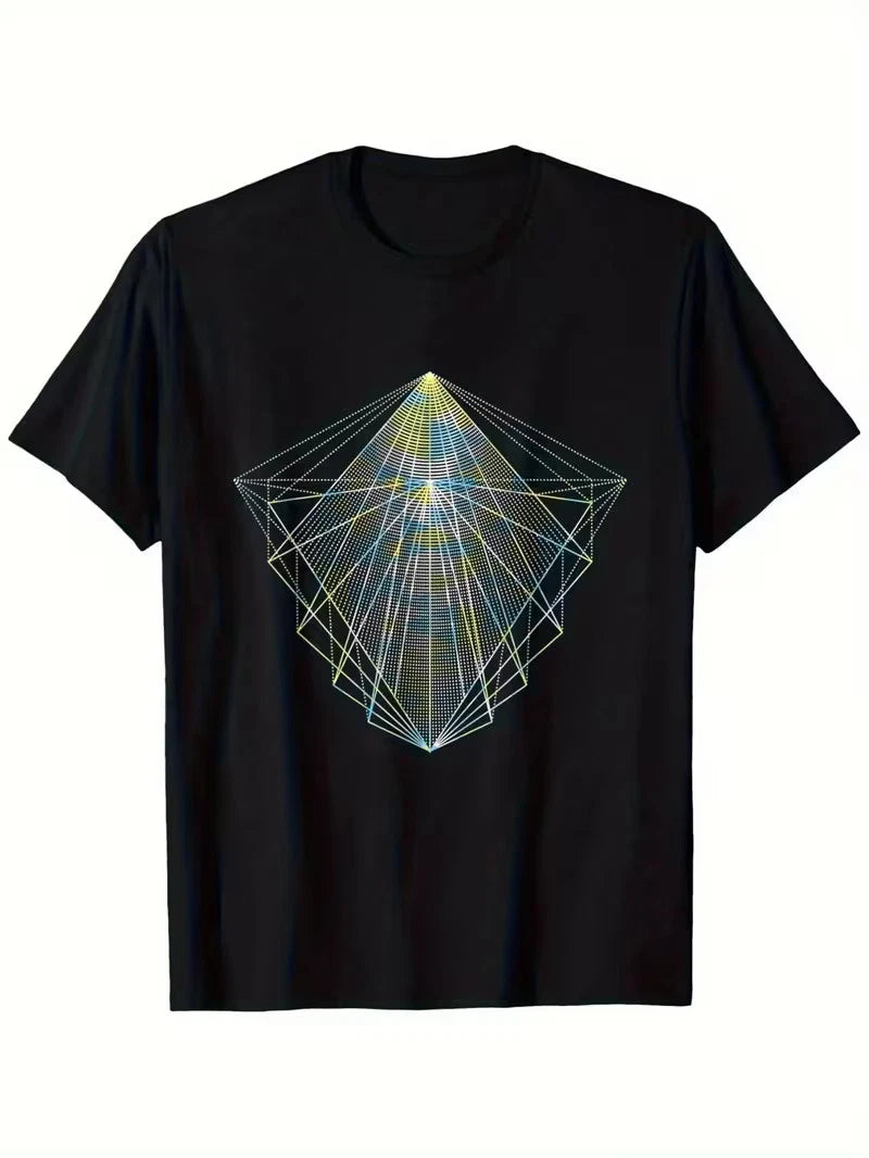 Men's 100% Geometric Triangle Print T-Shirt - Black with Blue & Golden Modern Pa