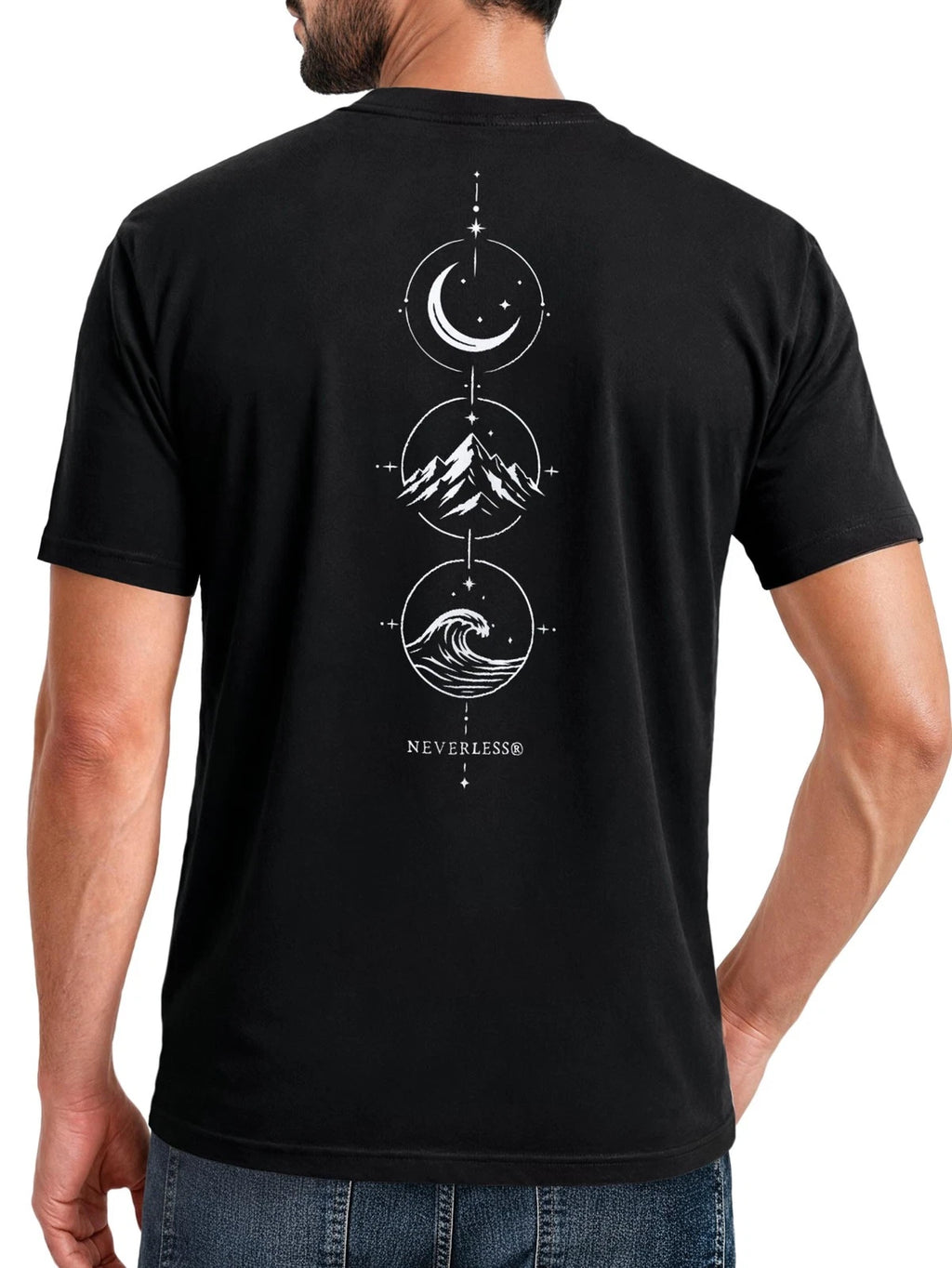 Men's T-Shirt Back Print - Mountain Moon Wave - Cotton Shirt Men Fashion