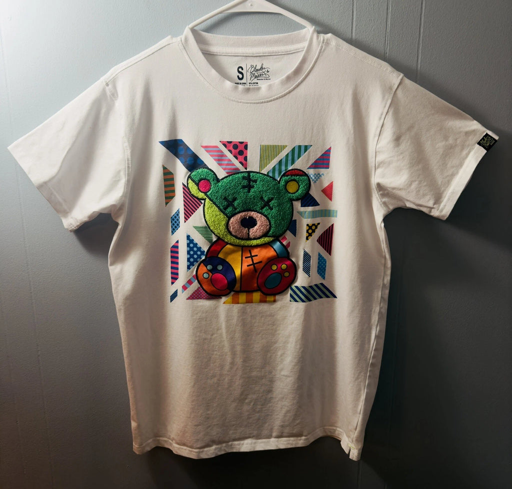 Mens Bleeker & Mercer Abstract Bear T Shirt, White w/ Multicolor Urban 3D Small