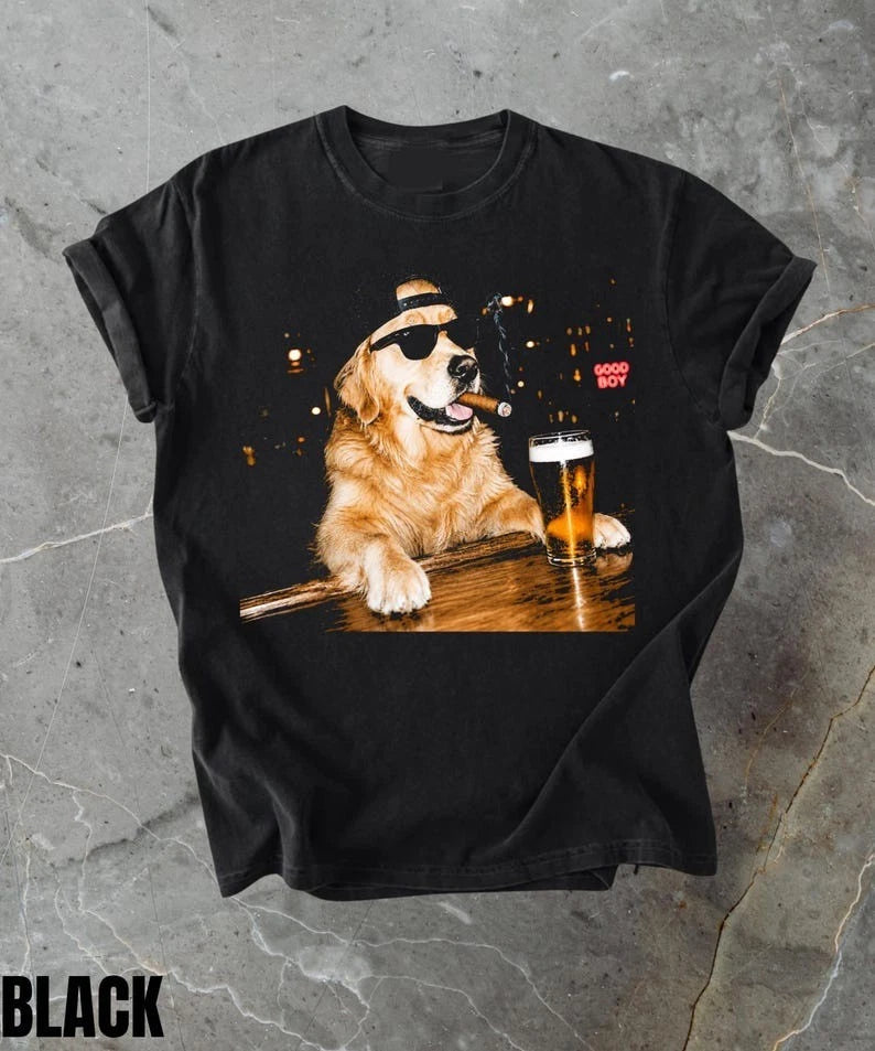 Golden Retriever Drinking Beer Graphic T-Shirt, Sarcastic Dog Meme Shirt