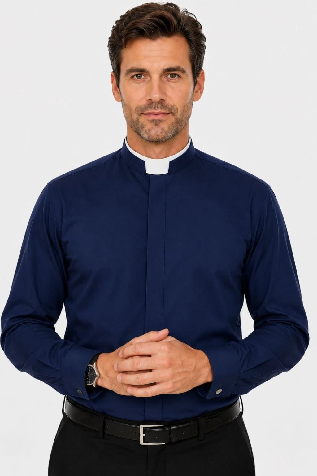 Men's Navy Clergy Shirt Roman Collar Long Sleeve Pastor Priest Church Wear