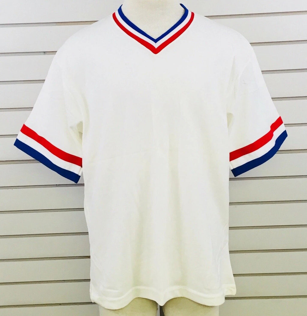 Vtg Mens L Sanjian Shirt V-Neck White Red Blue Polyester Trim Made in California