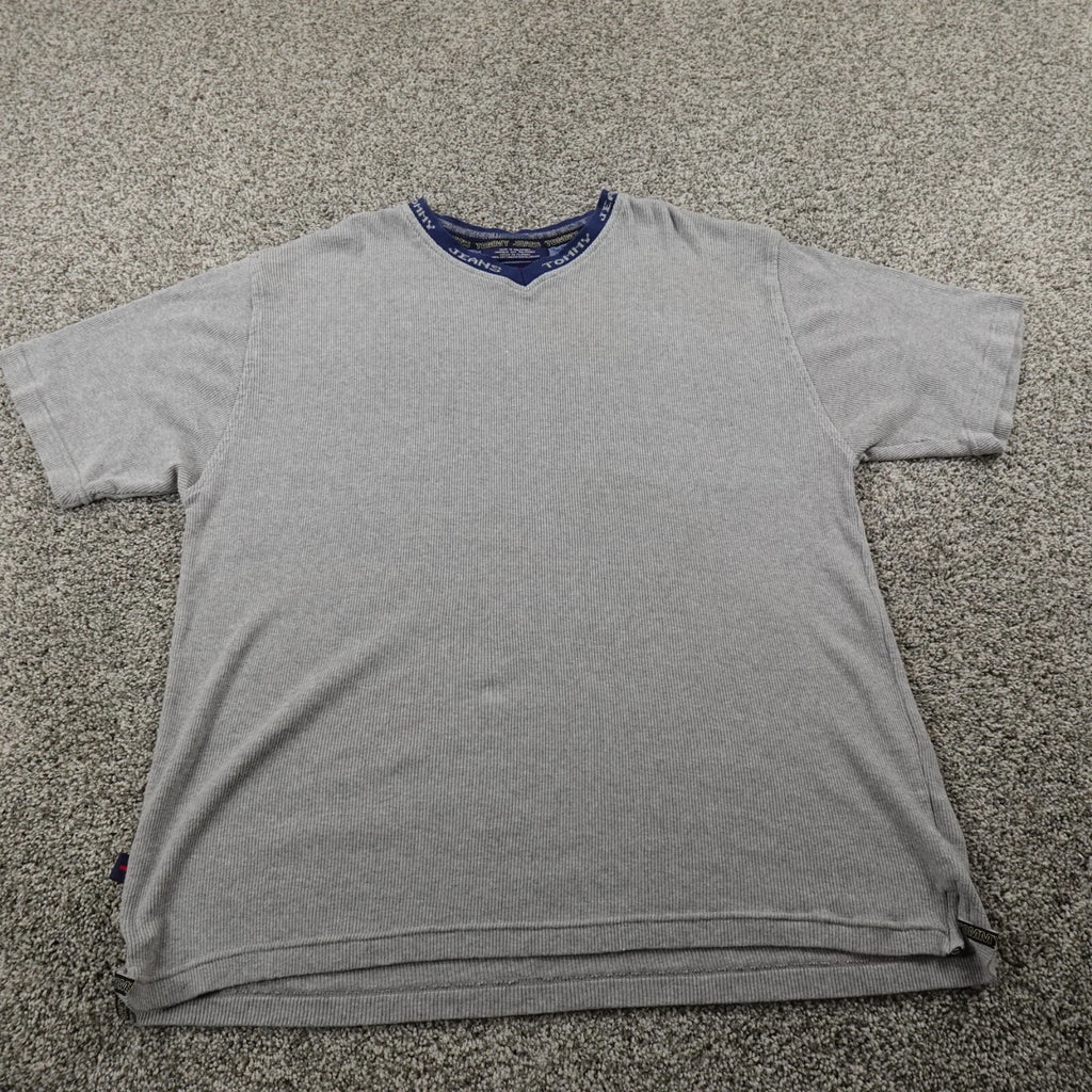 VTG Tommy Hilfiger Shirt Mens XL Gray Rib Knit Short Sleeve V Neck Tee 90s Y2K