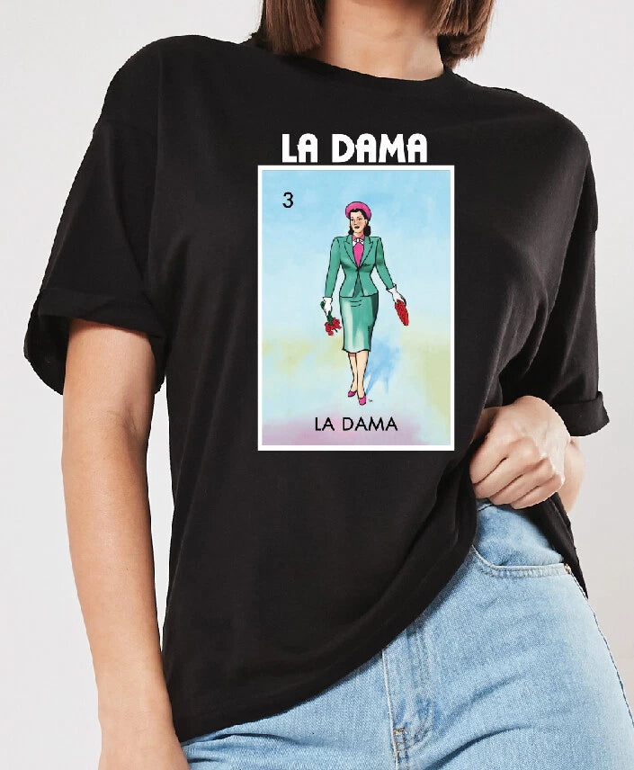 La Dama Loteria Mexican Bingo Short Sleeve V-Neck Shirt Women's Racer back