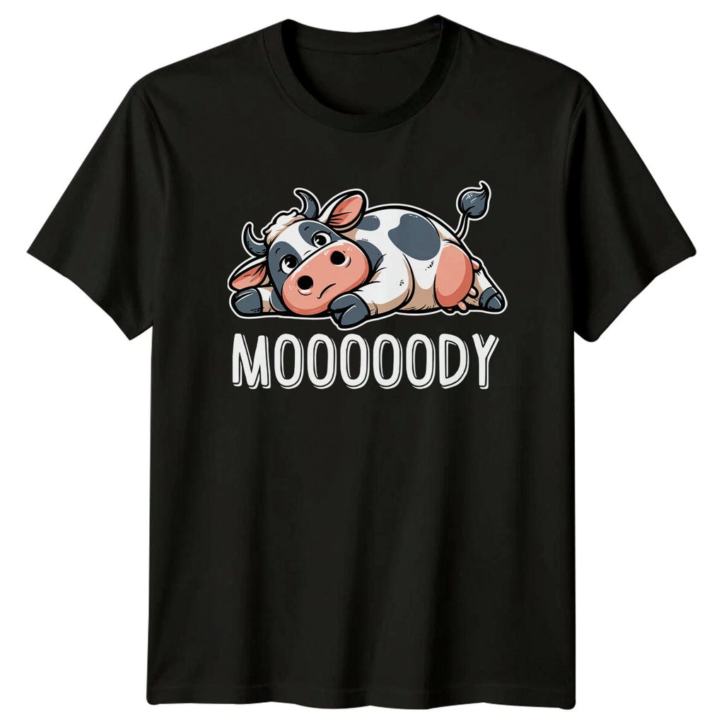 Mooody Cow T-Shirt Funny Animal Pun Lazy Cartoon Graphic Tee