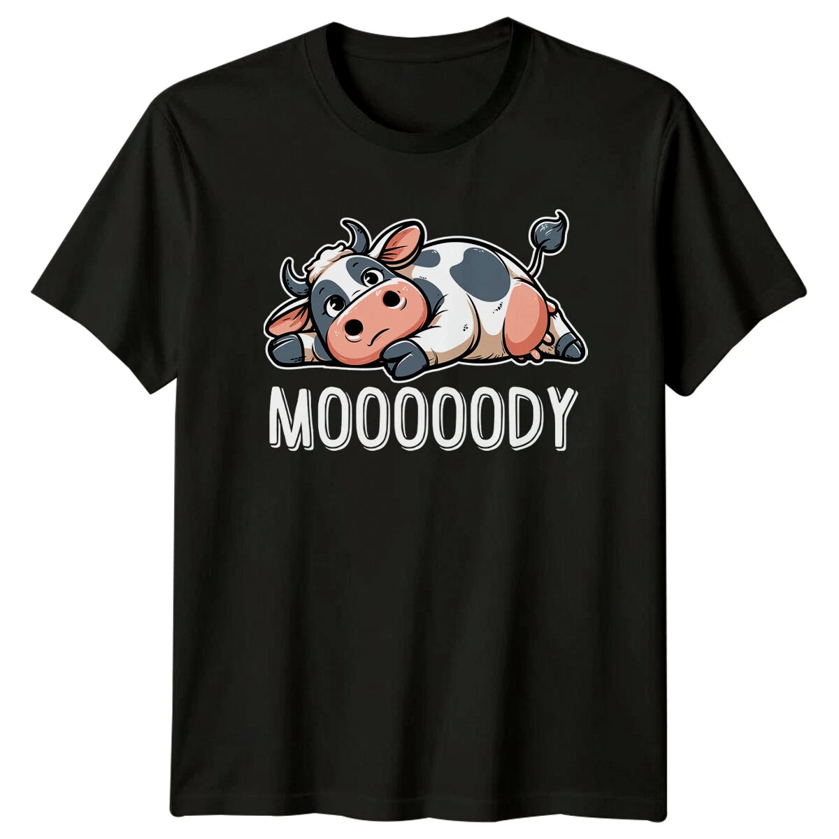 Mooody Cow T-Shirt Funny Animal Pun Lazy Cartoon Graphic Tee