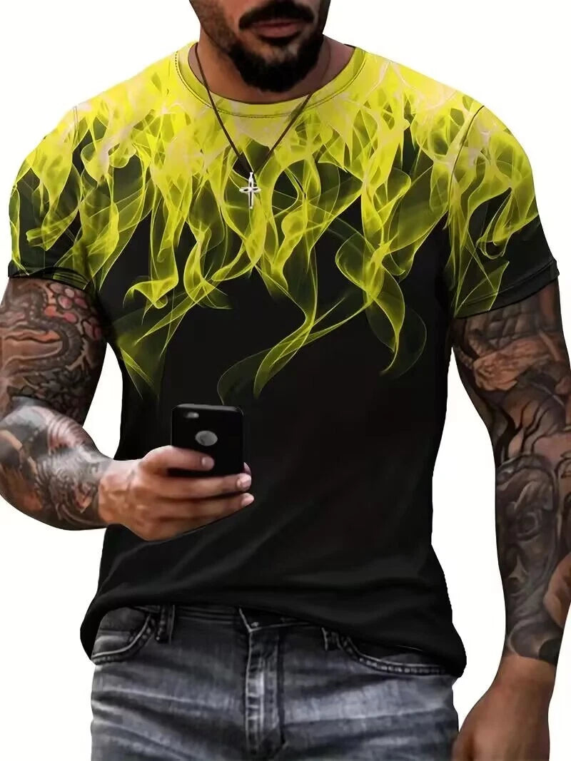 T Shirt Fashion Black Yellow Flame Smoke Trendy Casual Men Short Sleeve Tee Soft