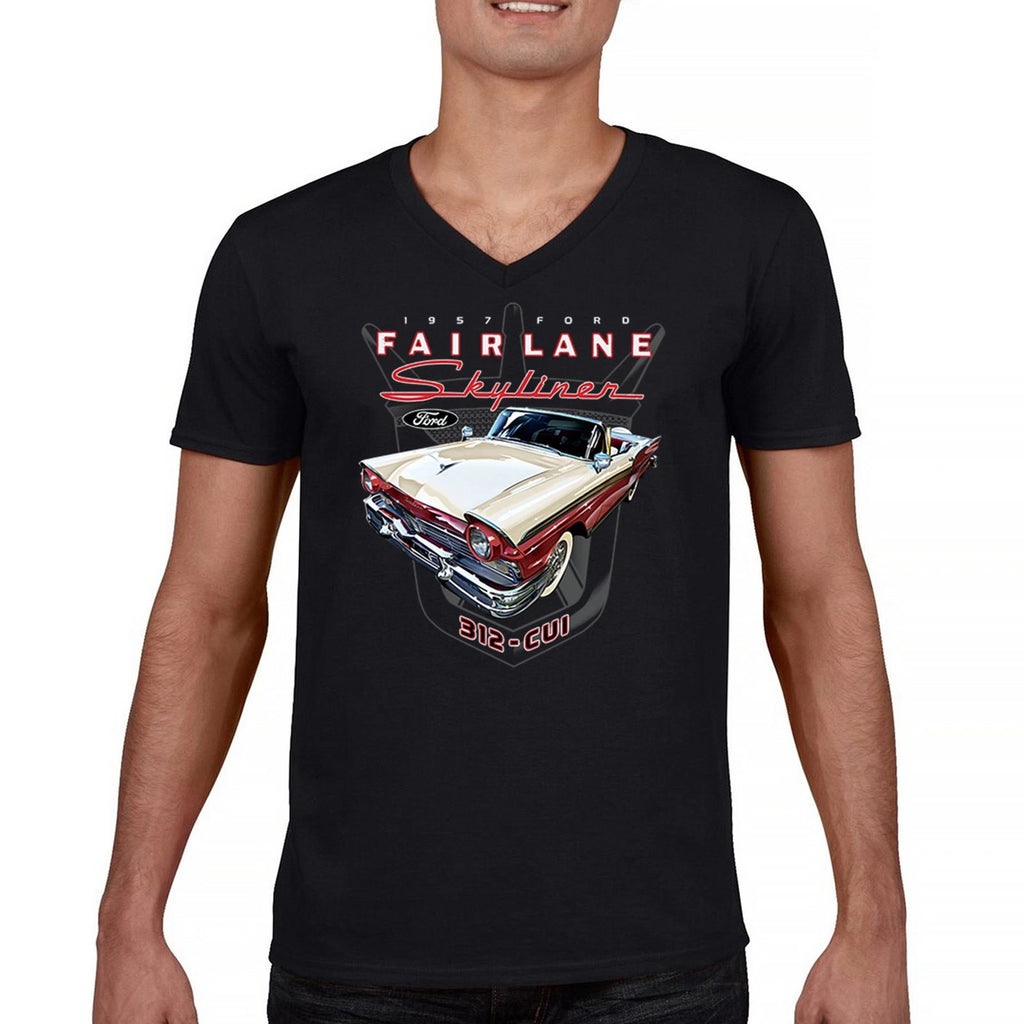 Ford Fairlane Skyliner Crest V-Neck T-shirt 1957 Vintage Classic FoMoCo Tee