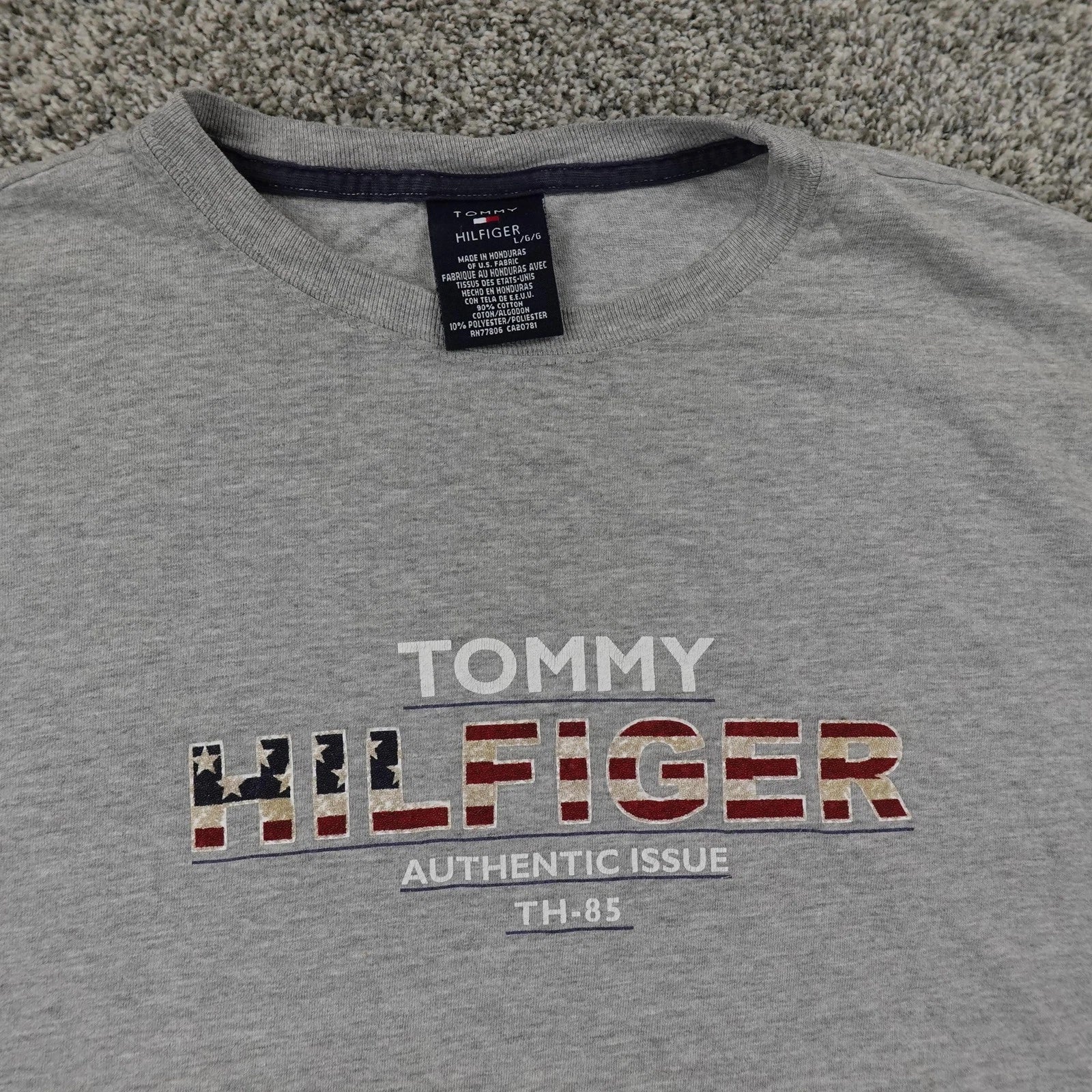VTG Tommy Hilfiger Shirt Mens L Gray USA Flag Short Sleeve Grunge 90s Y2K