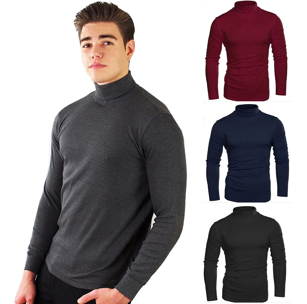 Mens Cotton Long Sleeve Jumper Soft Roll Turtle Neck Top S-3XL