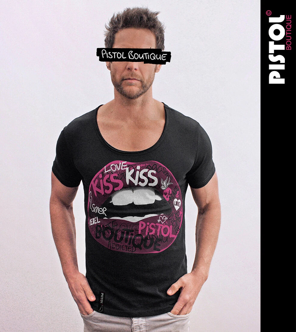 Pistol Boutique T-Shirt Fitted Black Crew Neck Graffiti Tattoo Lips Mens