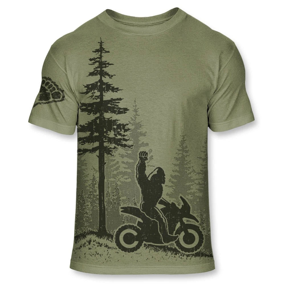 Men’s Bigfoot Adventure Motorcycle T Shirt Funny Sasquatch ADV Tee – F010