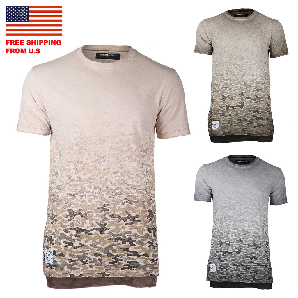 ZIMEGO Mens Short Sleeve Camouflage Longline Hipster Side Slit Oil Wash T-shirts