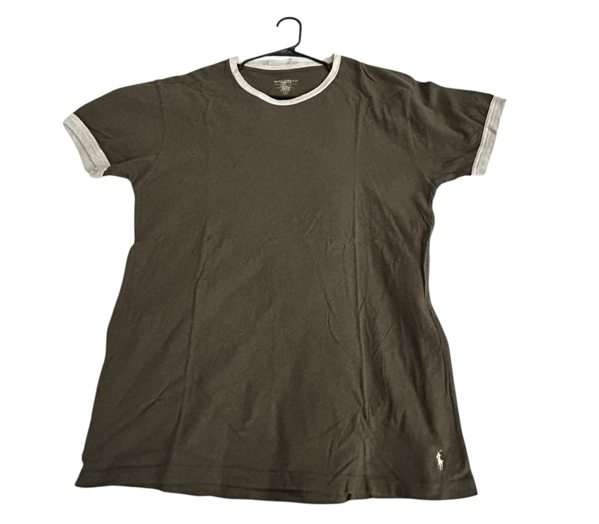 Vintage Y2K Ralph Lauren & Co. UNDERWEAR TEE Ringer T-Shirt OLIVE GREEN WHT PONY