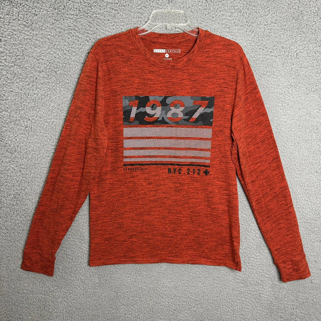 Aeropostale T Shirt Mens Medium Orange Chambray Long Sleeve Polyester Blend