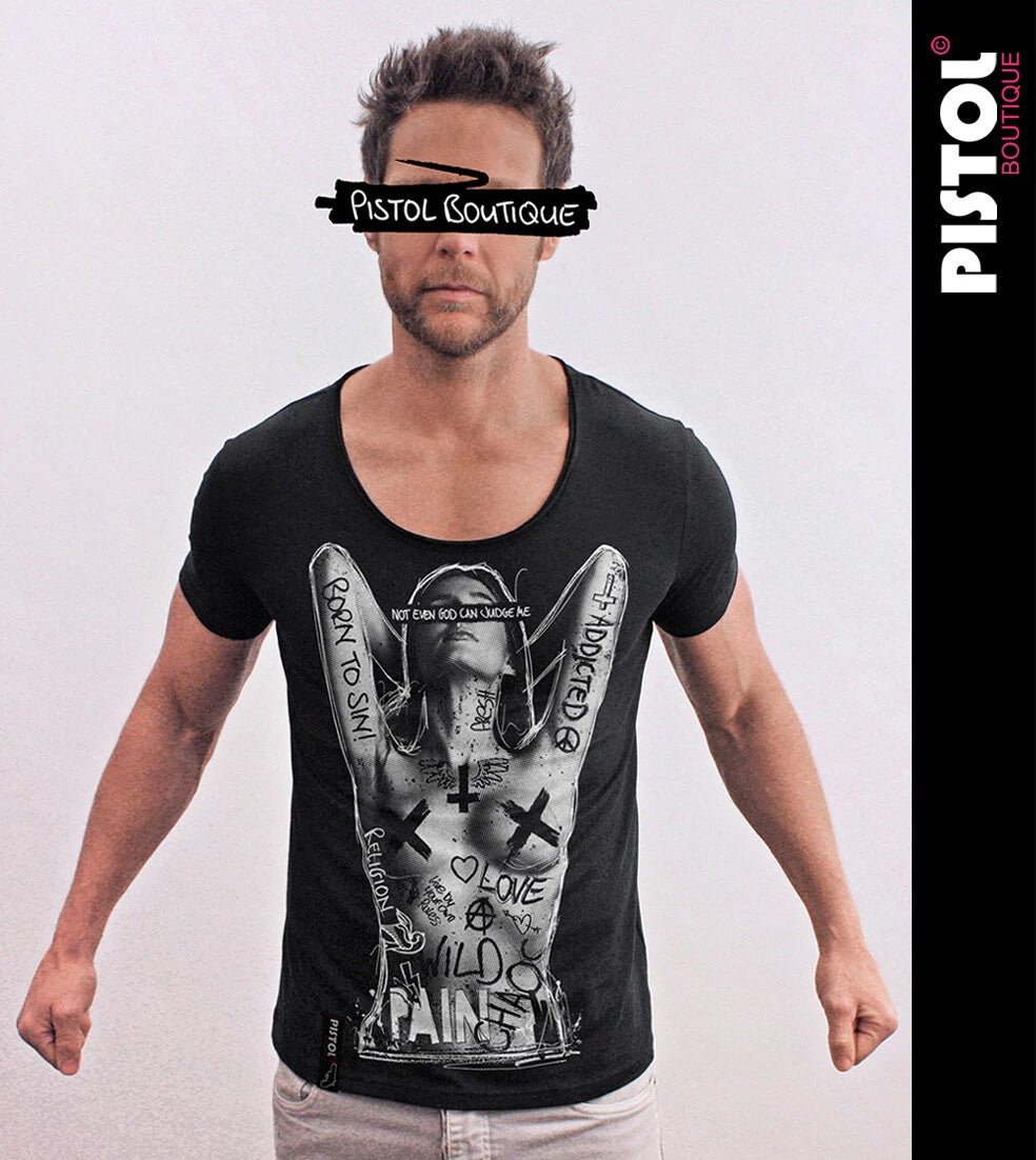 Pistol Boutique Men's Fitted Black Round Neck T-Shirt NAKED TATTOOS GIRL