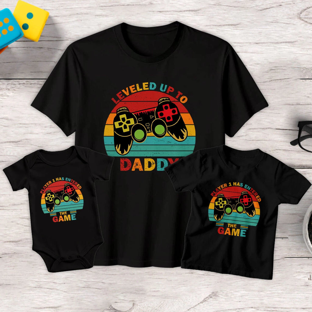 Leveled Up To Daddy Mens Kids Funny Fathers Day T-Shirt Tee Baby Romper #FD