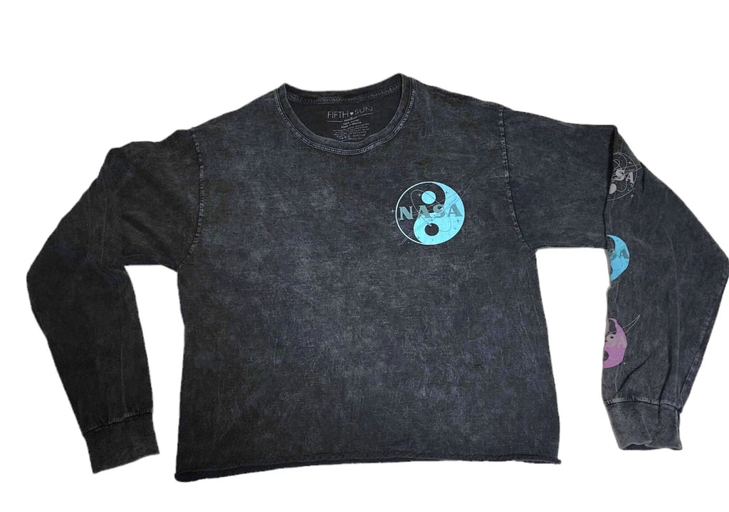 Fifth Sun Women’s M NASA Yin Yang Graphic Long Sleeve Crop Tee Washed Black FS