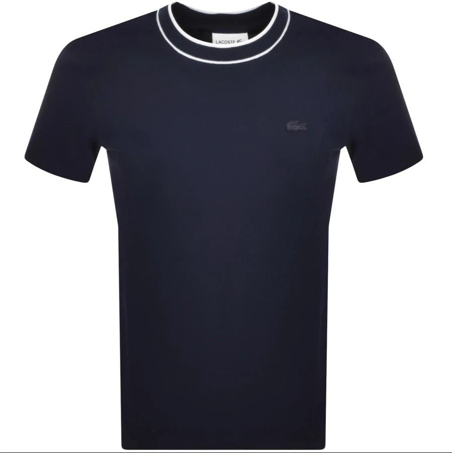 LACOSTE PIQUE COTTON TIPPED T-SHIRT NAVY BLUE SIZE (8) 3XL RRP £70 BNWT