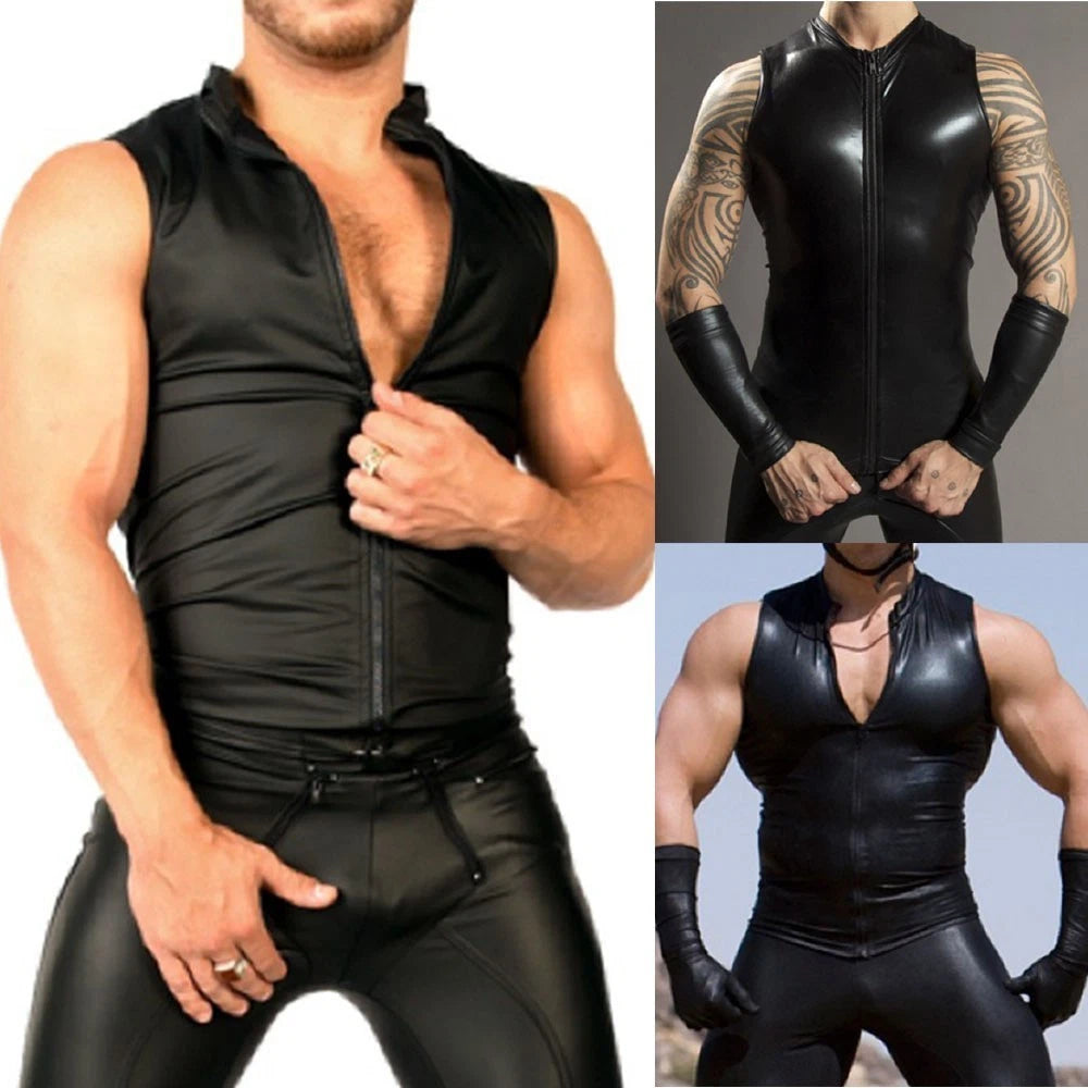 Men's Fashionable Shiny Leather Sleeveless Zip T shirt for Clubs and Events