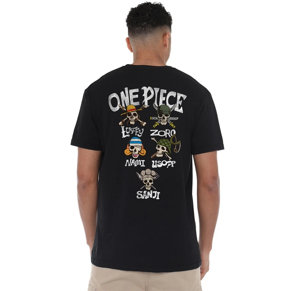 One Piece Straw Hat Crew Skull Cross Bones Front Back T-Shirt S-5XL, Black