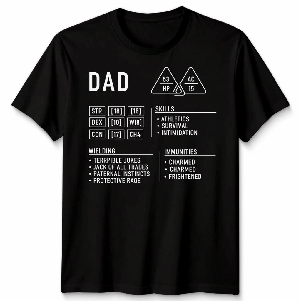 Dad Dungeons Mens T Shirt Dragons Character Sheet Fathers Day Gift DND RPG