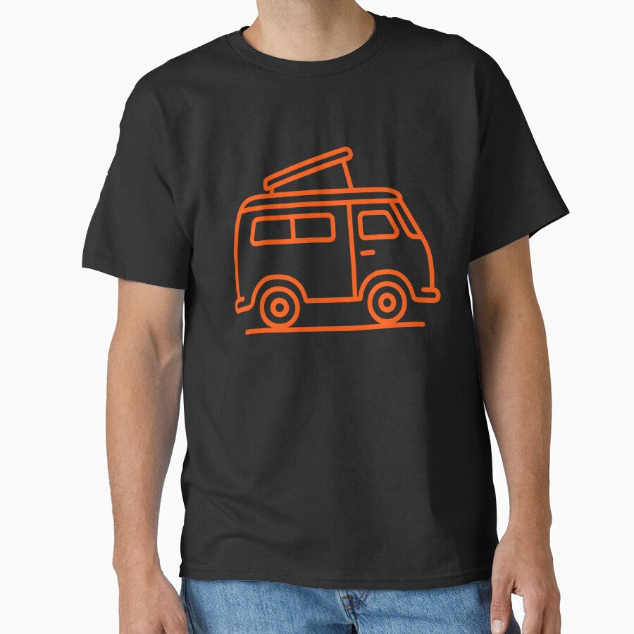 Neon Orange Van Life — Retro Pop-Top Camper Line Art by MisterHelmut