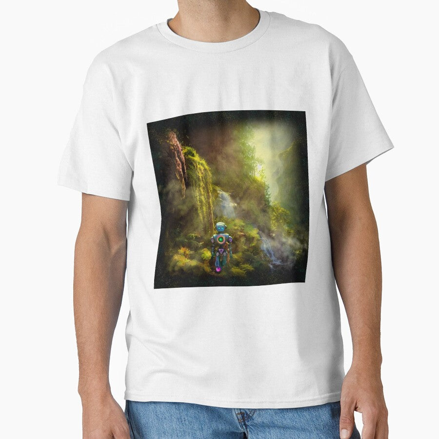 Cute Robot walking at a Cliff with Waterfall by Pixelbloomz