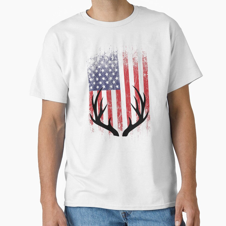 Deer Hunting American Flag Whitetail Buck Antlers Short Sleeve by vqyngdlc91