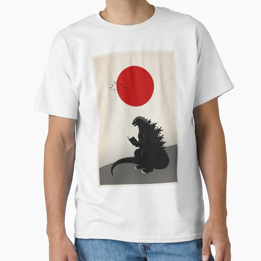 Godzilla Reading Book Japanese Flag | Minimalist Japandi Wall Art by Syrupulse